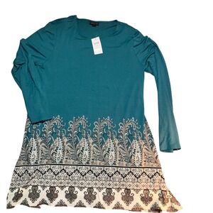 New J Jill Teal Paisley‎ Print Wearever Tunic Top L Boho Layering LightweightNWT
